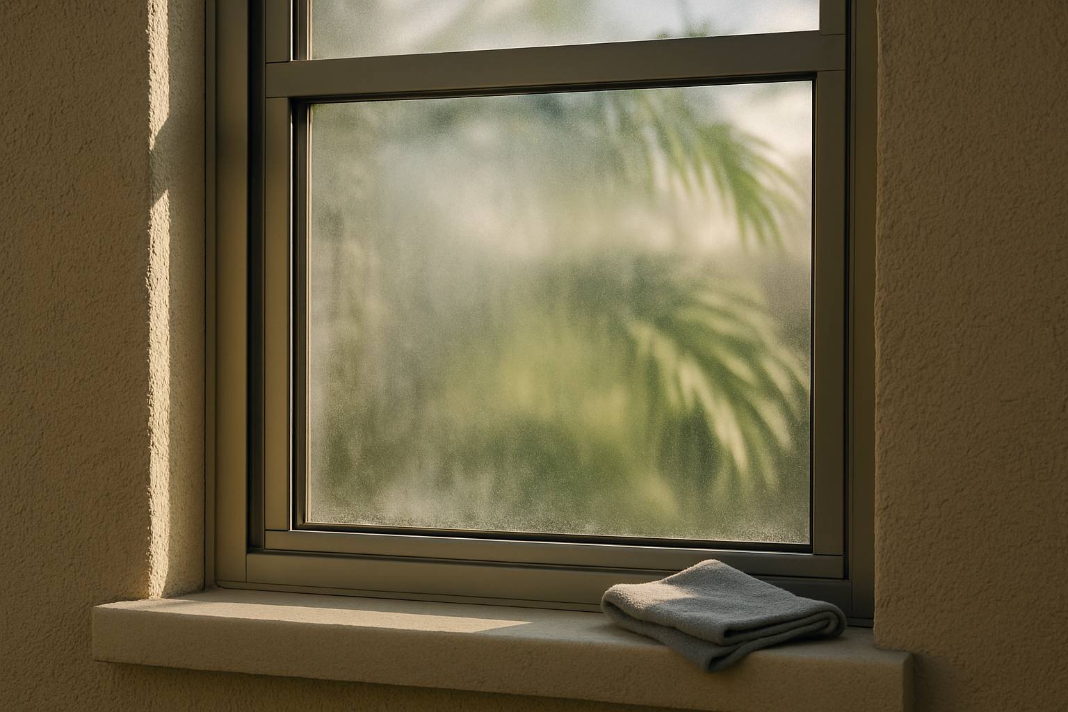 Close-up of moisture trapped between the panes of a double-pane window in a Gainesville, FL home, a sign the sealed glass unit has failed.