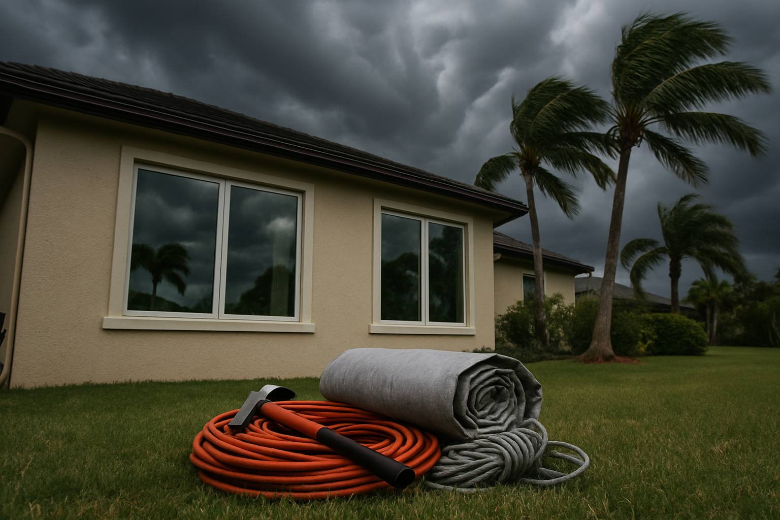Impact-rated windows on a stucco Gainesville, FL-area home under a dark tropical storm sky with palms bending in the wind and storm prep gear on the lawn.