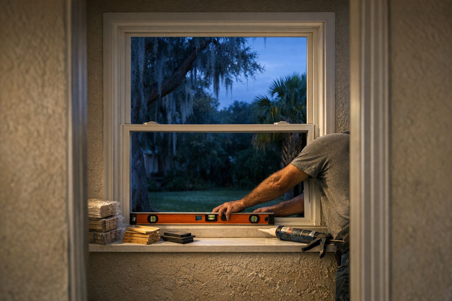 Installer shimming and leveling a new single-hung window in a Gainesville, FL home at dusk.