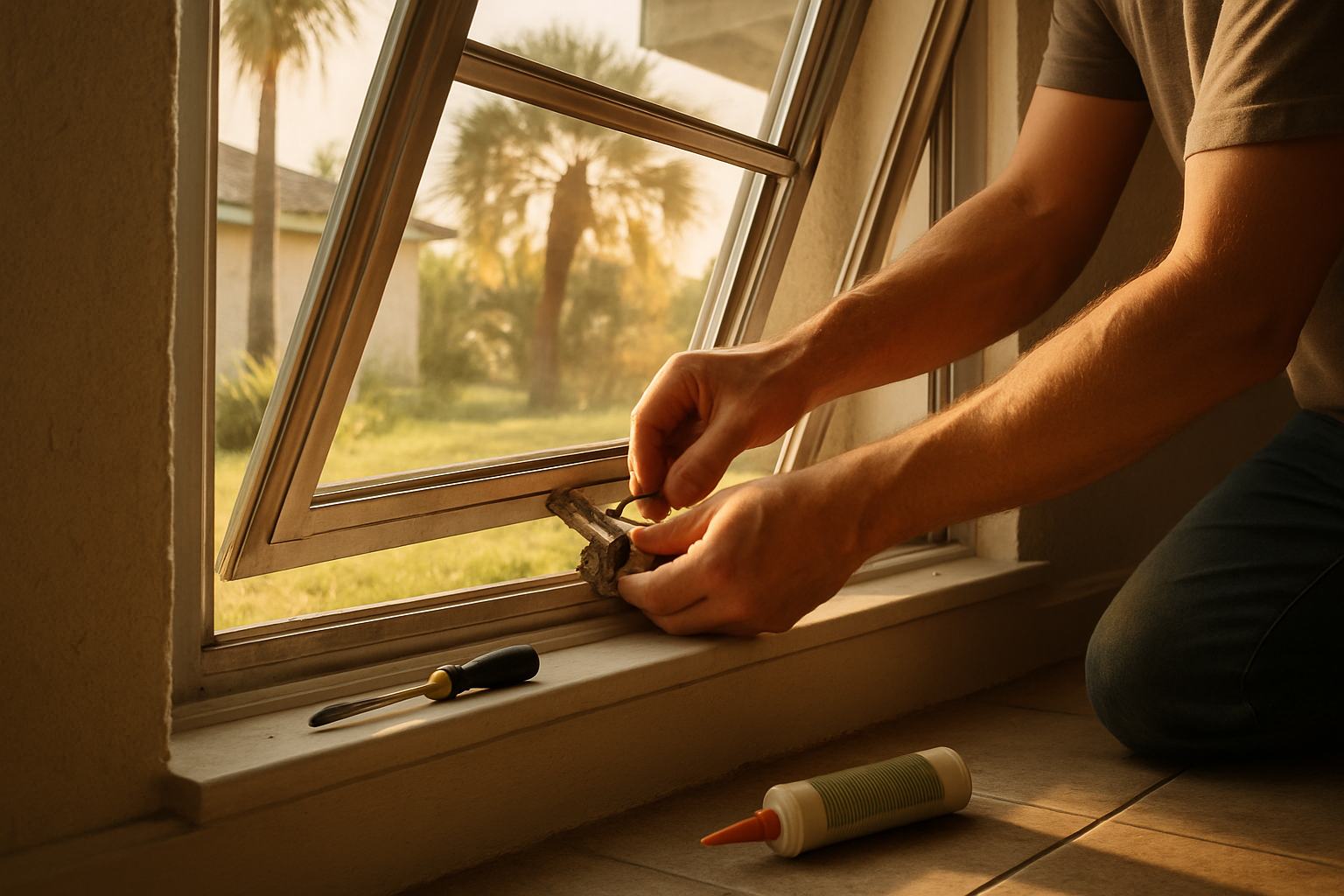 Hands adjusting the lock and balance hardware on an older aluminum single-hung window with the sash tilted in, screwdriver and sealant tube beside it, during a window repair in a Gainesville, FL home.