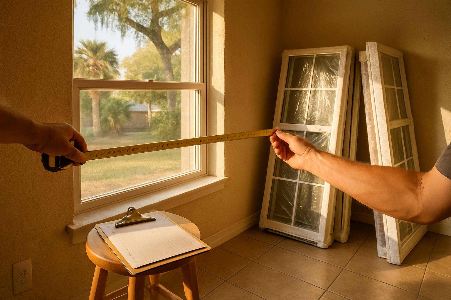 Hands holding a tape measure across a window opening in a stucco Gainesville, FL home, with a clipboard on a stool and wrapped replacement window units leaning against the wall.